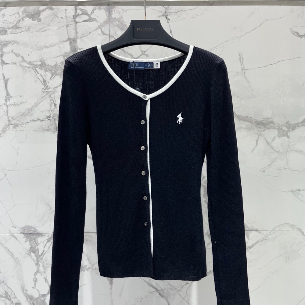Polo by Ralph Lauren Black Button-Front Cardigan with White Trim